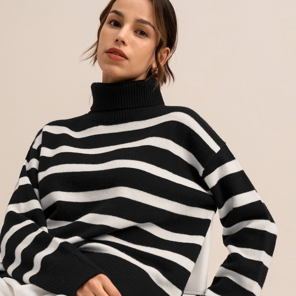 Lilysilk Tarra Turtleneck Striped Sweater 100% Merino Wool, EUC, Size S